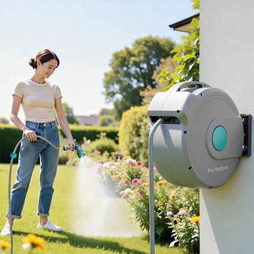 Enrolador Suporte Carretel de Mangueira Retrátil 20 Metros Automático com Suporte de Parede para Jardim Quintal Garagem