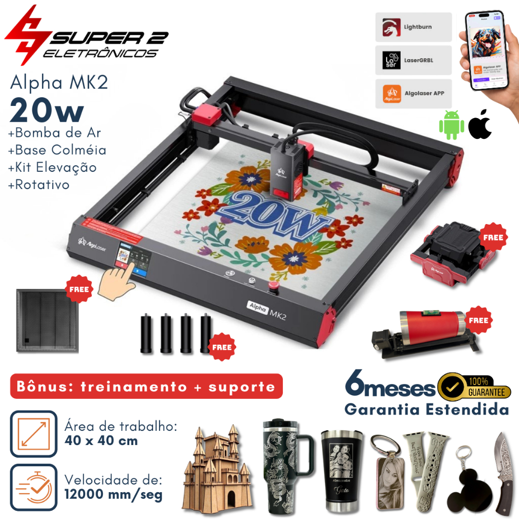 Kit Completo Máquina a Laser AlgoLaser Alpha MK2 20W Grava e Corta 40x40mm + Suporte e Treinamento