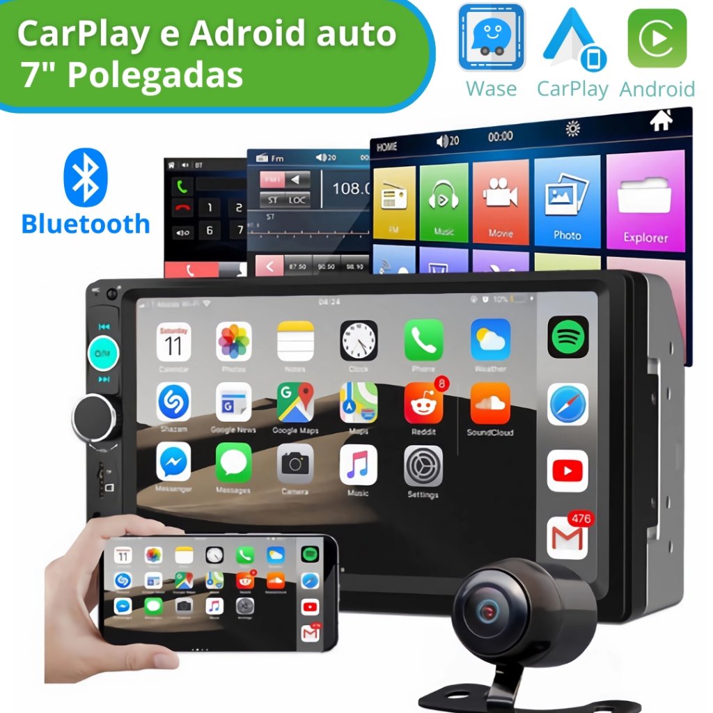 Central Multimídia MP5 2 Din Bluetooth Carplay e Android Auto com fio + Camera de Ré noturna prova d'agua