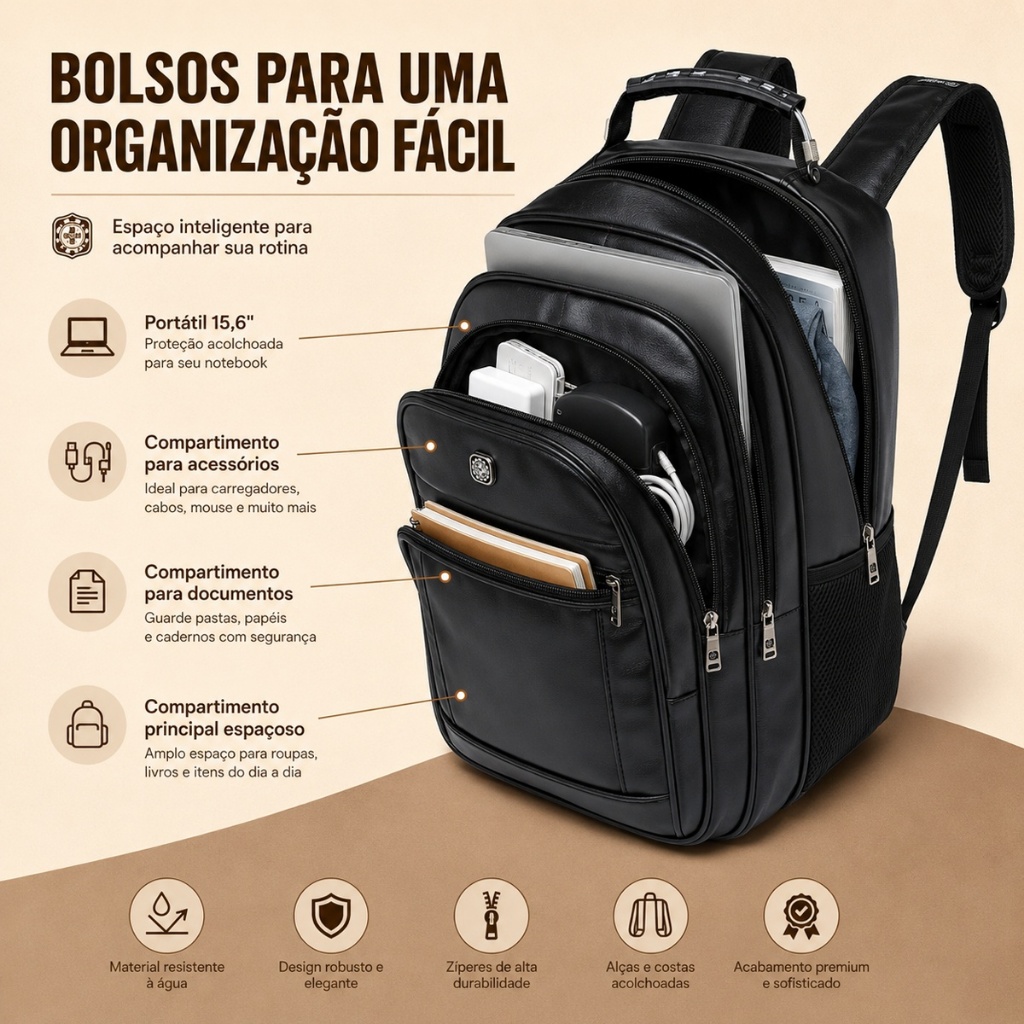 Crosswave Mochila Couro PU Grande Executiva Notebook Trabalho Faculdade Reforçada Cabo De Aço USB