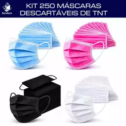 Kit 250 Máscaras Descartaveis TNT Preta, Branca, Azul Ou Rosa Tripla Camada Adulto