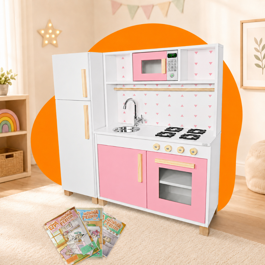 Cozinha Infantil com Geladeira Rosa Bebê Madeira Brinquedo Faz de Conta Chef Kit Livro Educativo