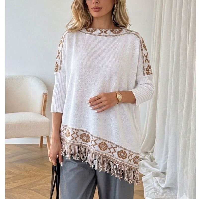 Poncho Feminino Casaco Lã Tricô Franjas Manga Longa Casual Elegante Frio Inverno