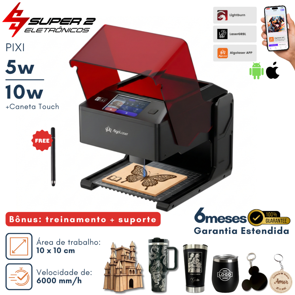 Gravadora AlgoLaser Pixi 5W/10W Laser Corte Preciso 100x100mm + Suporte e Treinamento