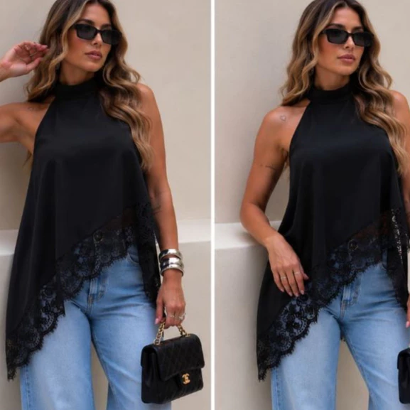Blusa Feminina Gola Alta Crepinho Premium Assimétrica Renda Elegante Chic Casual Moda Sotisficado