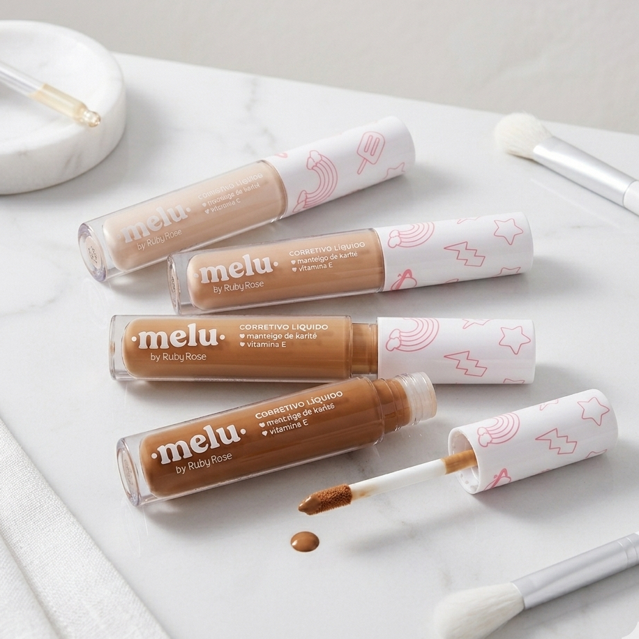 Corretivo Líquido Melu Ruby Rose Alta Cobertura Natural Longa Duração Disfarça Olheiras Manchas Acabamento Leve Uniformi
