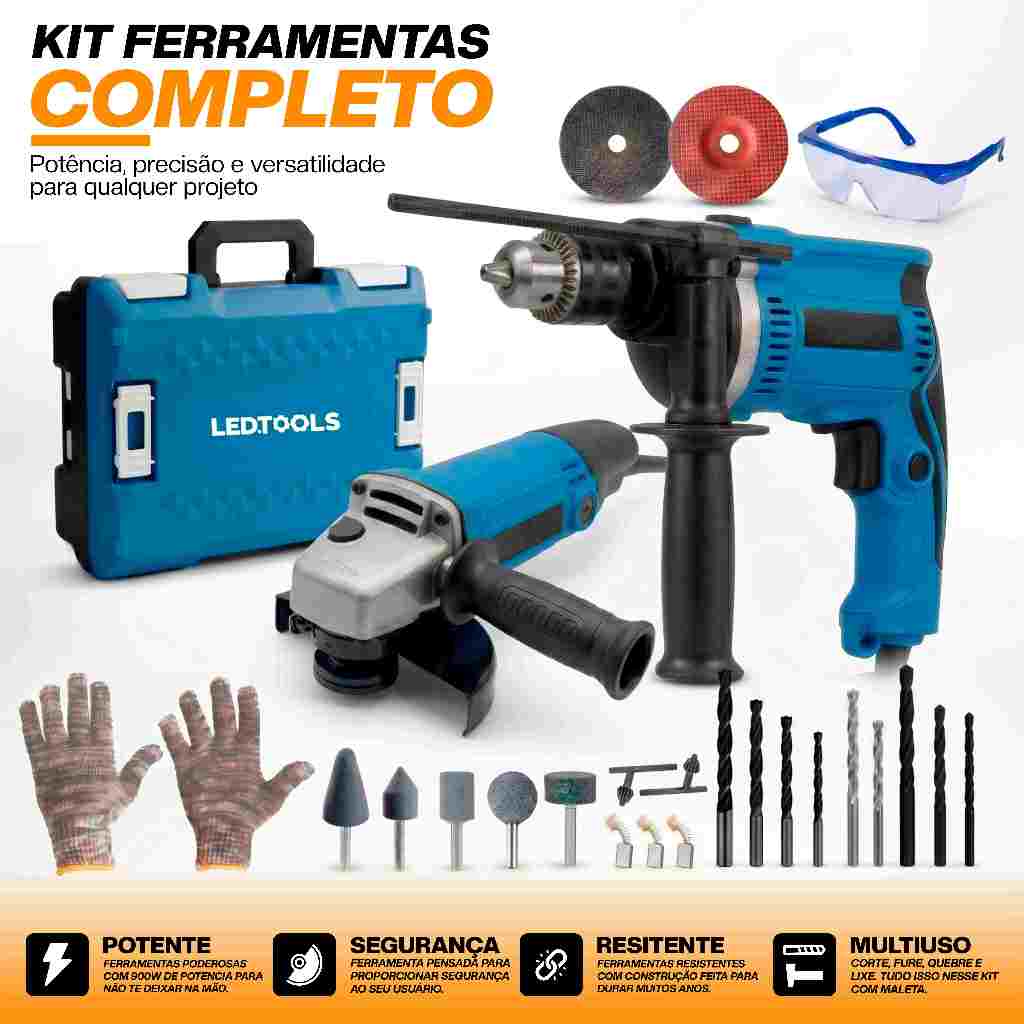 Kit Lixadeira Esmerilhadeira Angular e Furadeira de Impacto 3/8 pol. 10mm com Maleta e Acessórios