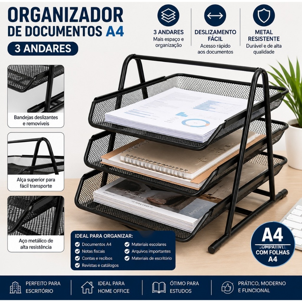 Organizador de Documentos A4 3 Andares em Metal para Escritório e Home Office