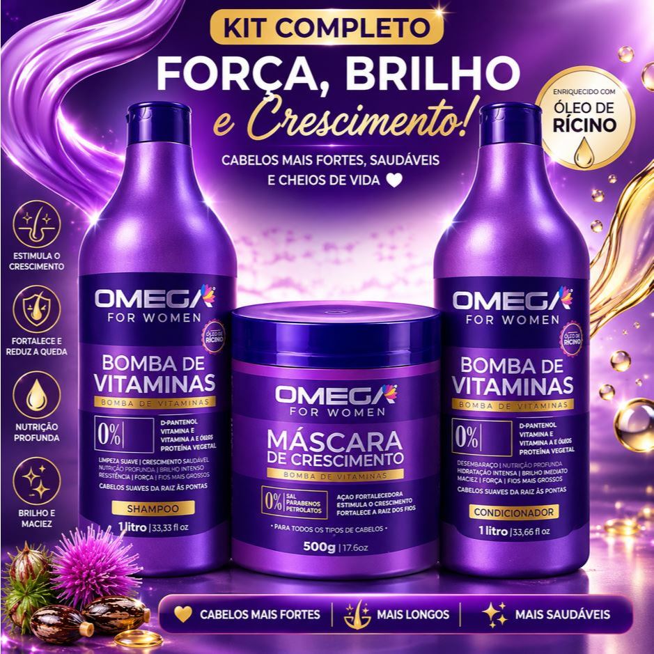 Kit Capilar PROFISSIONAL Bomba de Vitaminas Shampoo Condicionador 1 LITRO e Mascara 500g Omega Hair