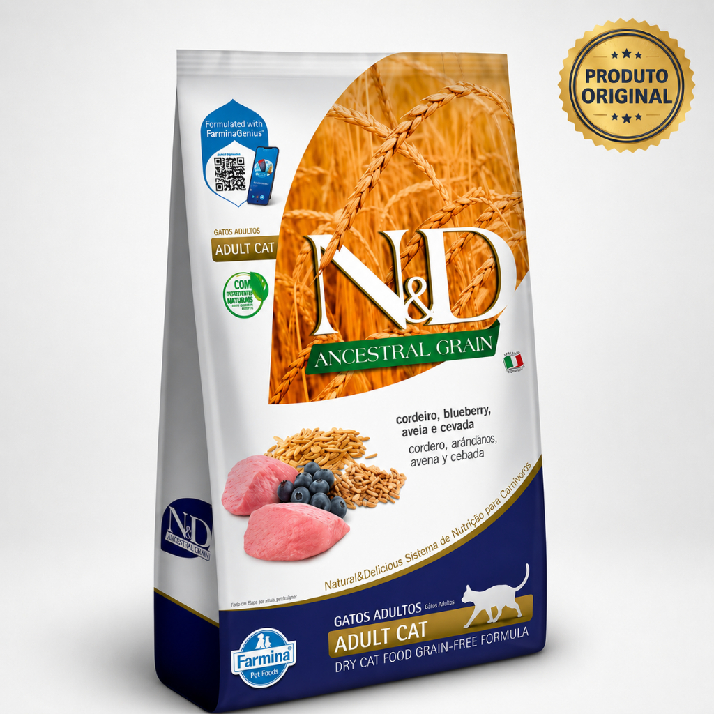 Ração N&D Ancestral Grain Gatos Adultos Cordeiro Blueberry Aveia e Cevada Farmina 1,5 kg