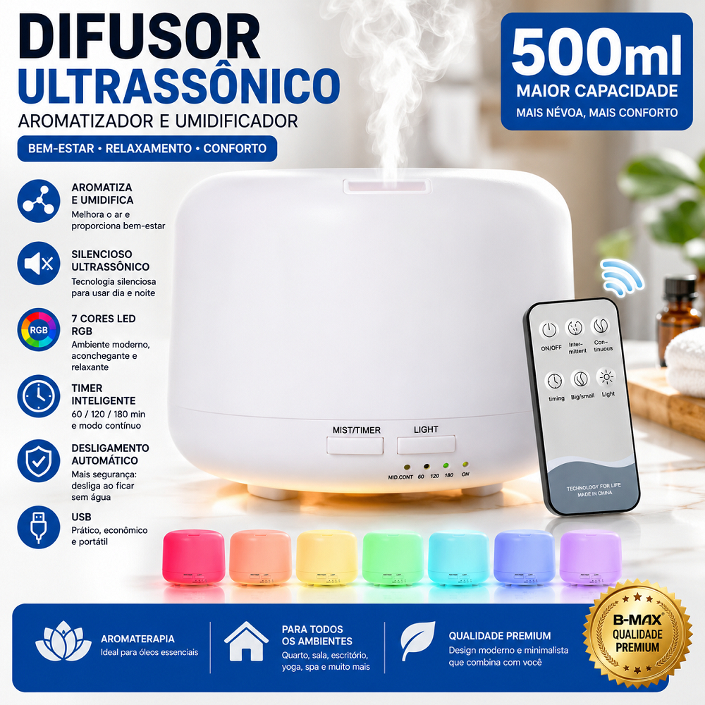 Difusor De Ar Ultrassônico Aromatizador com controle 500ml (BRANCO)