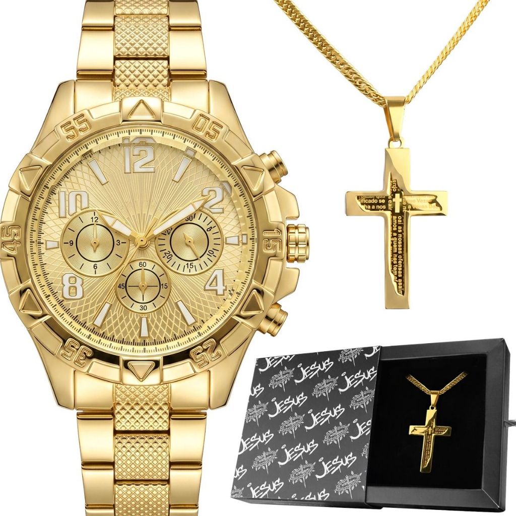 Kit Relógio Masculino Aço Inox Banhado Ouro + Cordão com Crucifixo + Caixa Qualidade Premium Luxo