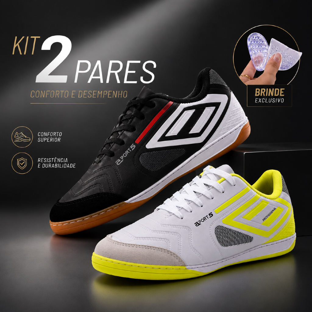 Kit 2 Pares Chuteiras Futsal Salão PROFISSIONAL Futebol Quadra Feminina Masculina Colada Costurada