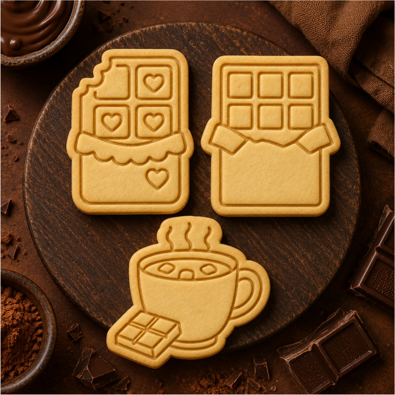 Kit Carimbos + Cortadores Biscoito Dia Mundial do Chocolate, Barra Fofa, Xícara de Chocolate Quente