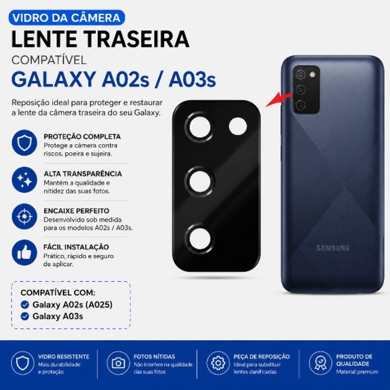 Vidro da Camera Para Samsung A03s / A02s Lente da Câmera Traseira Vidrinho Traseiro