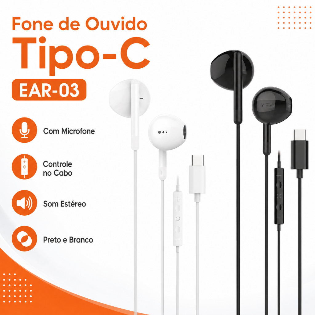Fone de Ouvido Tipo-C H'maston EAR-03 Com Fio Microfone Controle no Cabo Estéreo Preto Branco