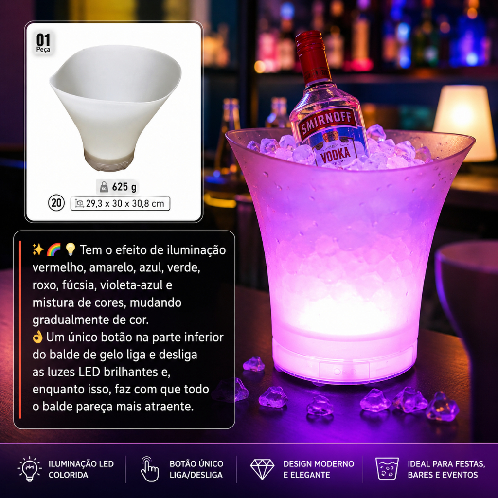 Balde Led Refrigerado Com Caixa Som Bluetooth Festa Praia