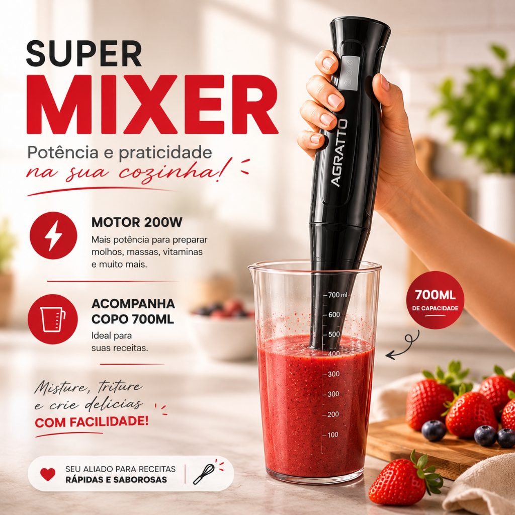 Misturador Elétrico Mixer Turbo Liquidificador Potente Manual Agratto 127V Batedeira de Mão