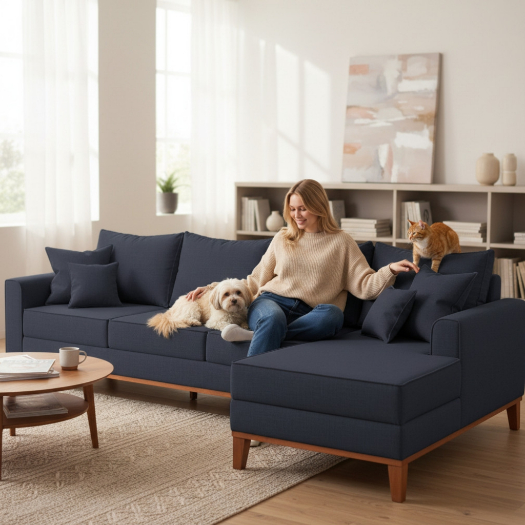 Sofá 4 Lugares Beny com Chaise Direito Suede Azul