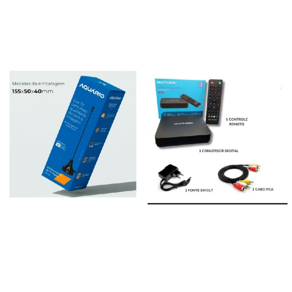 kit Conversor e Gravador Digital Full HD Para TV Multilaser + Antena Para TV Interna Digital Aquario dtv-50 cabo 2,5m