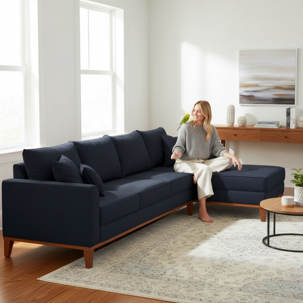 Sofá 4 Lugares Beny com Chaise Direito Linho Azul