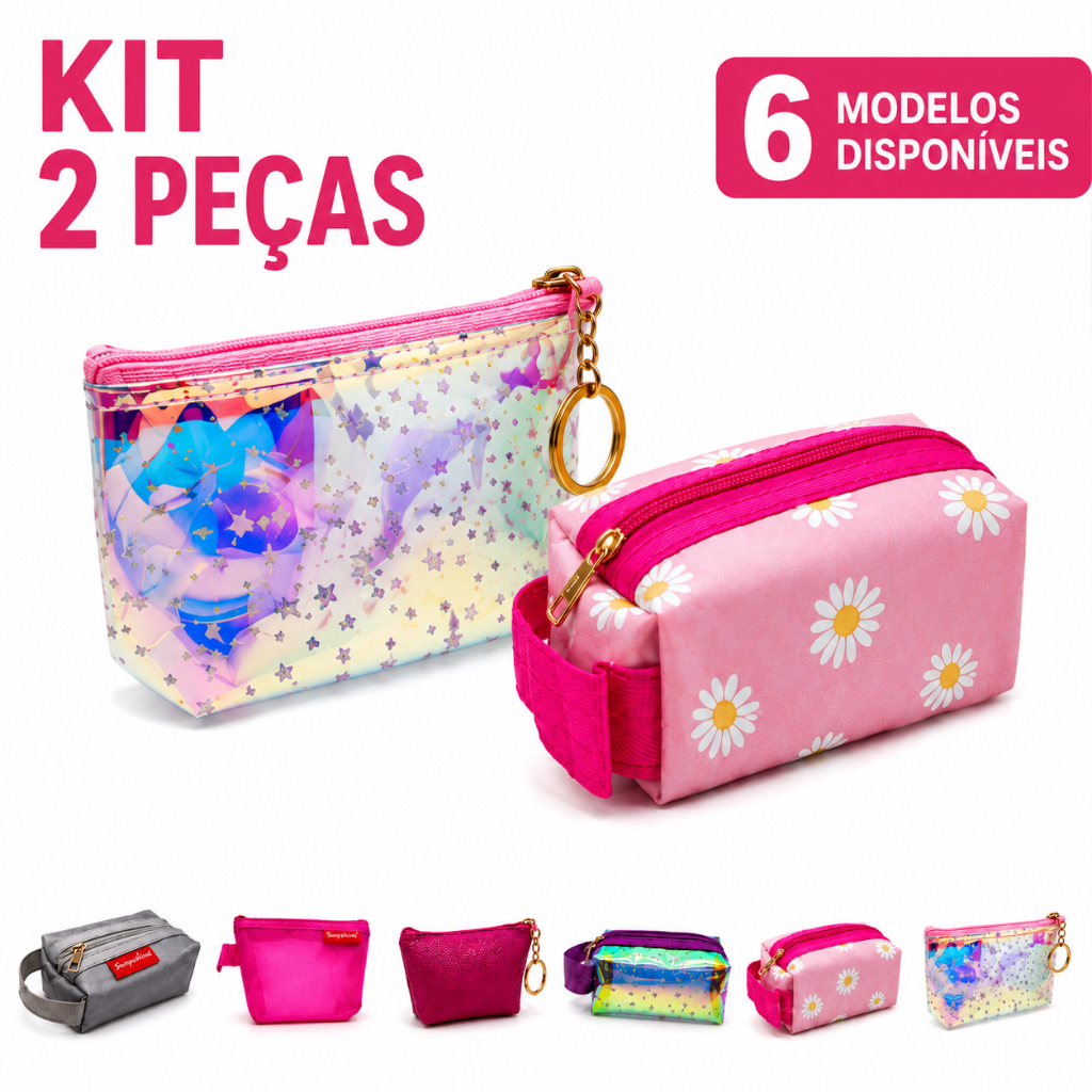 Kit 2 Necessaires Femininas Porta Moedas com Zíper 6 Modelos Disponíveis para Maquiagem e Viagem