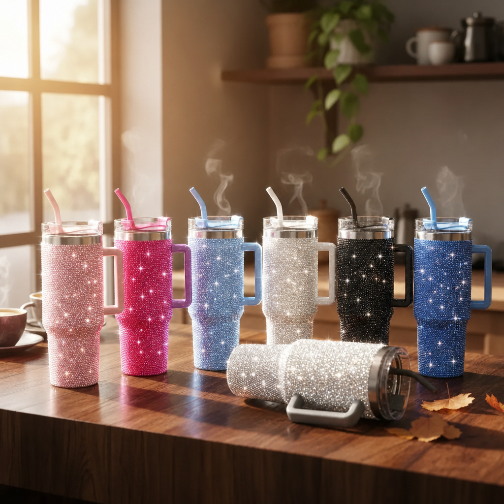 Copo Térmico Strass Diamante 1200ml Inox Com Alça Canudo Metal Presente Dia dos Namorados