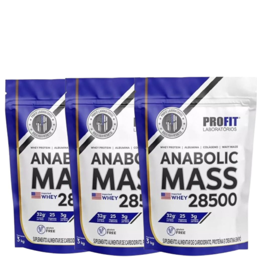 kit 3 Anabolic Mass Whey Protein 28500 Hipercalórico 3kg Profit Labs