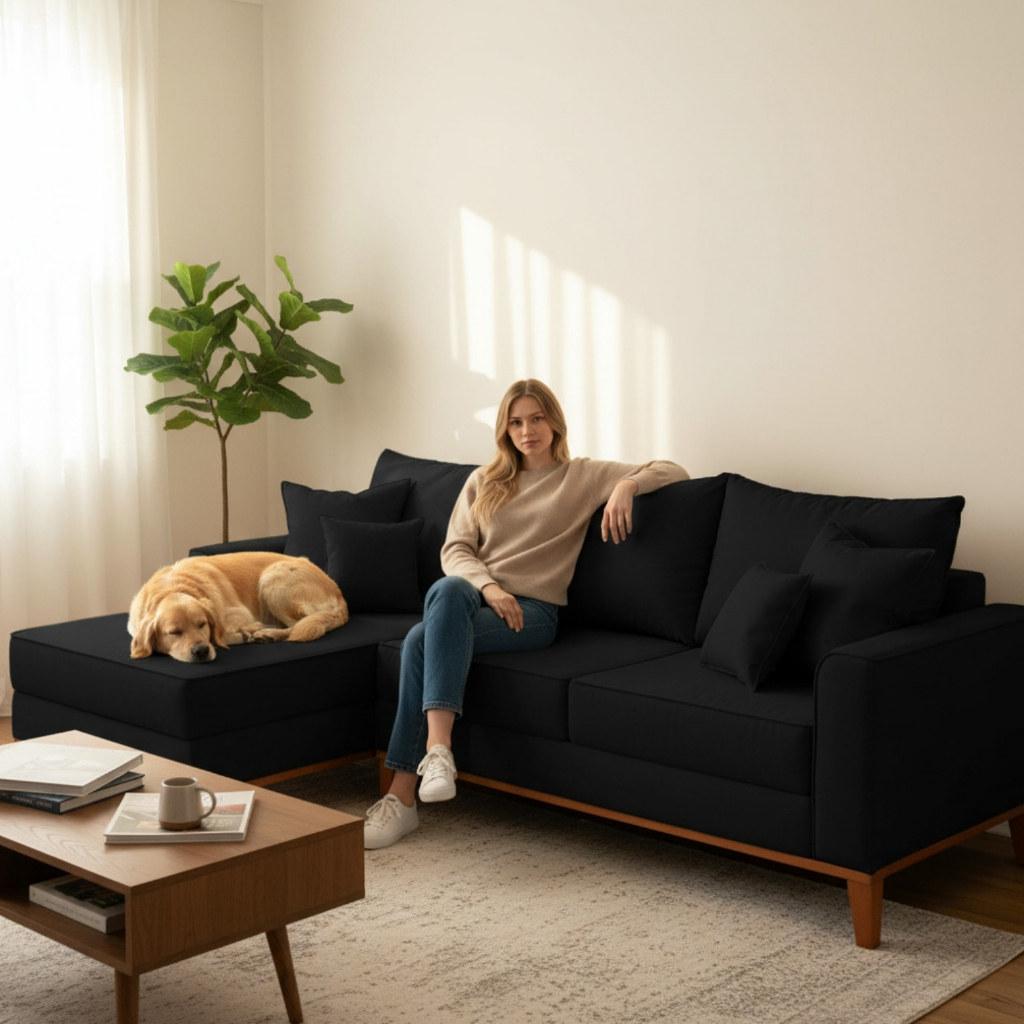 Sofá 3 Lugares Beny com Chaise Esquerdo Corino Preto