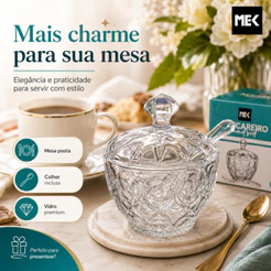 Meleira Açucareiro de Vidro Delicado com Colher de Acrílico Mesa Posta Cristal
