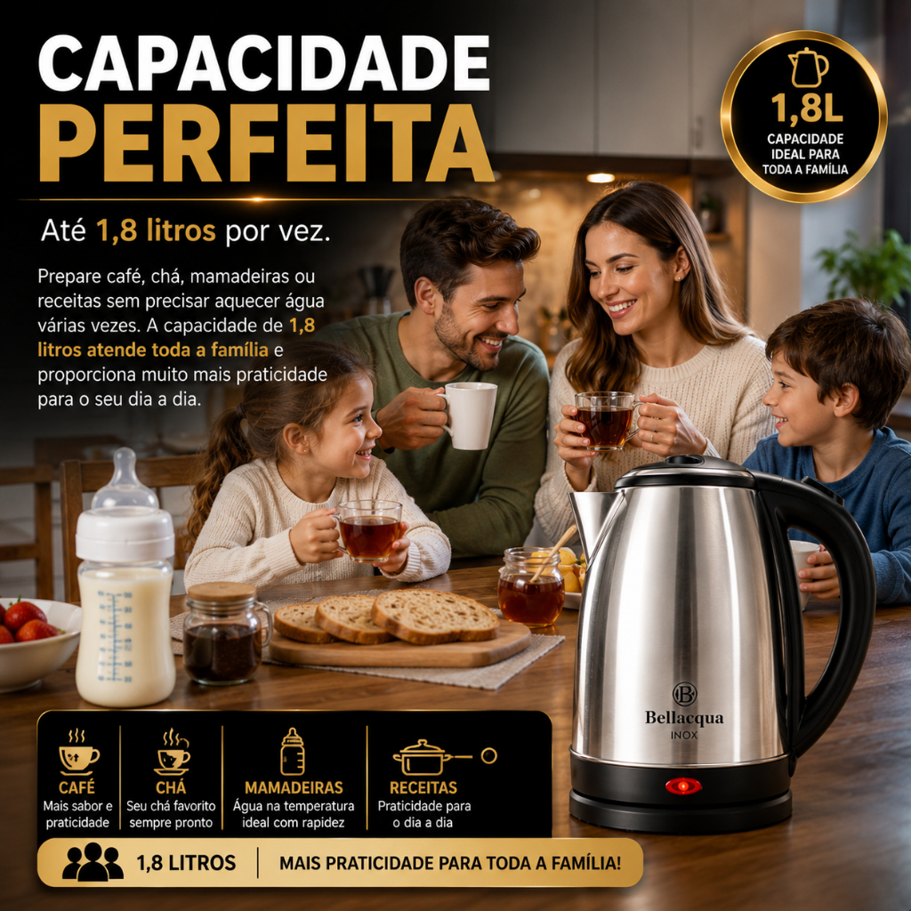Chaleira Elétrica Inox 1,8L 1000W Desligamento Automático Base 360° Aquecimento Rápido