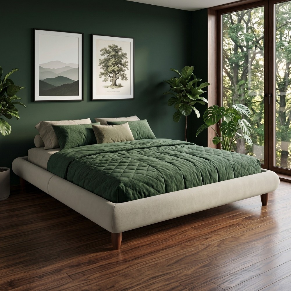 Cama Casal Queen Base Box Pés de Madeira 176cm Otto P05 Veludo Bege - Lyam Decor