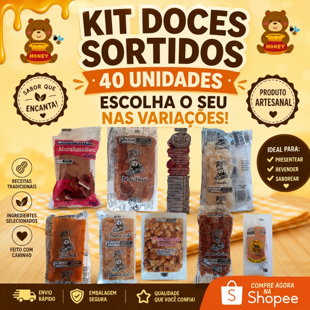 Kit Doce Sortidos Cocada Paçoca Moça Quebra Queixo Moleque Abobora Mocotó Pote 40 unidades