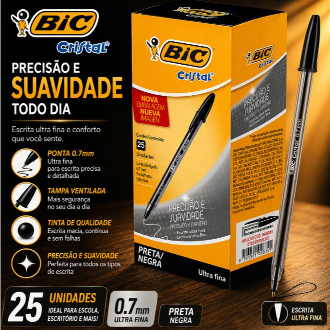 Caneta Esferográfica Bic Cristal Precisão 0.7mm Ultra Fina Preta Caixa com 25 Unidades