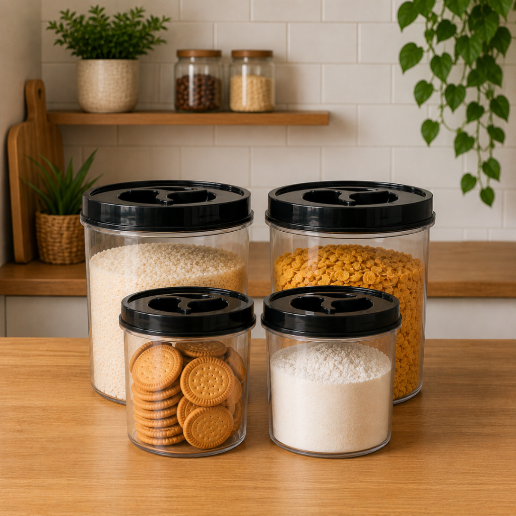 Kit 4 Pote Mantimento Transparente Redondo Tampa Rosca 2 de 6L + 2 de 2L BPA FREE Arroz Grãos Cereal