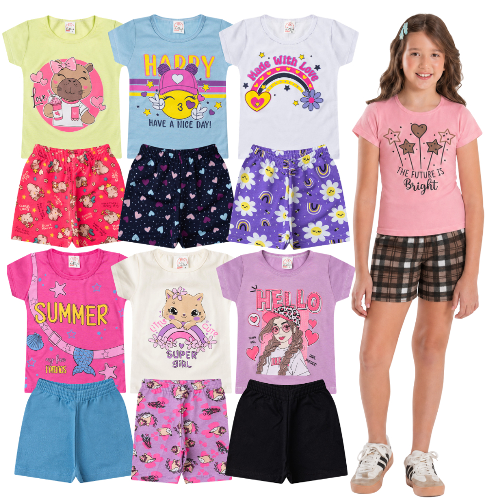 Kit 8 Peças Roupa Infantil e Juvenil Menina Verão 4 Blusas + 4 Shorts Feminino Sortido 1 ao 14