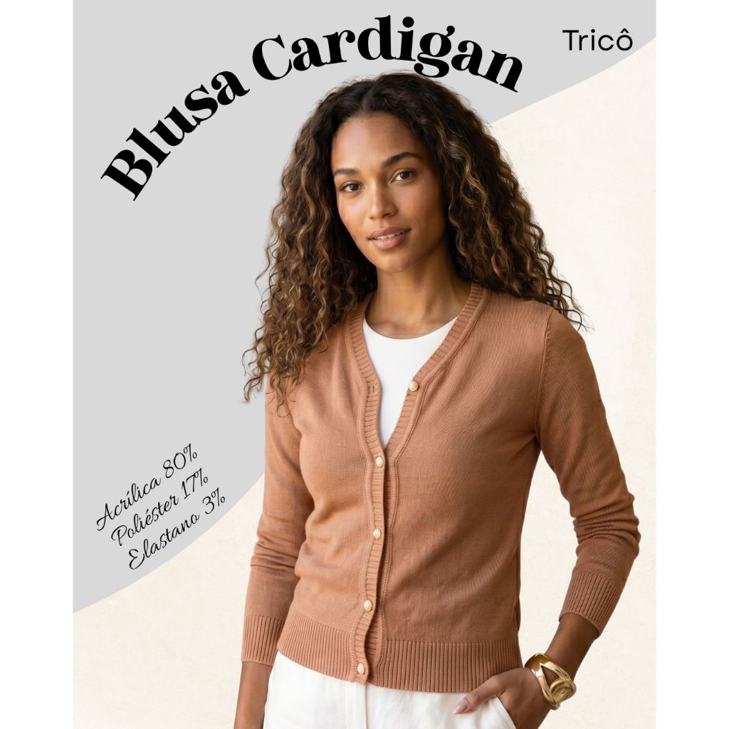 Blusa Cardigan Feminino Tricot Básico Manga Longa com Botões e Decote V Canelado Inverno