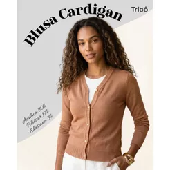 Blusa Cardigan Feminino Tricot Básico Manga Longa com Botões e Decote V Canelado Inverno