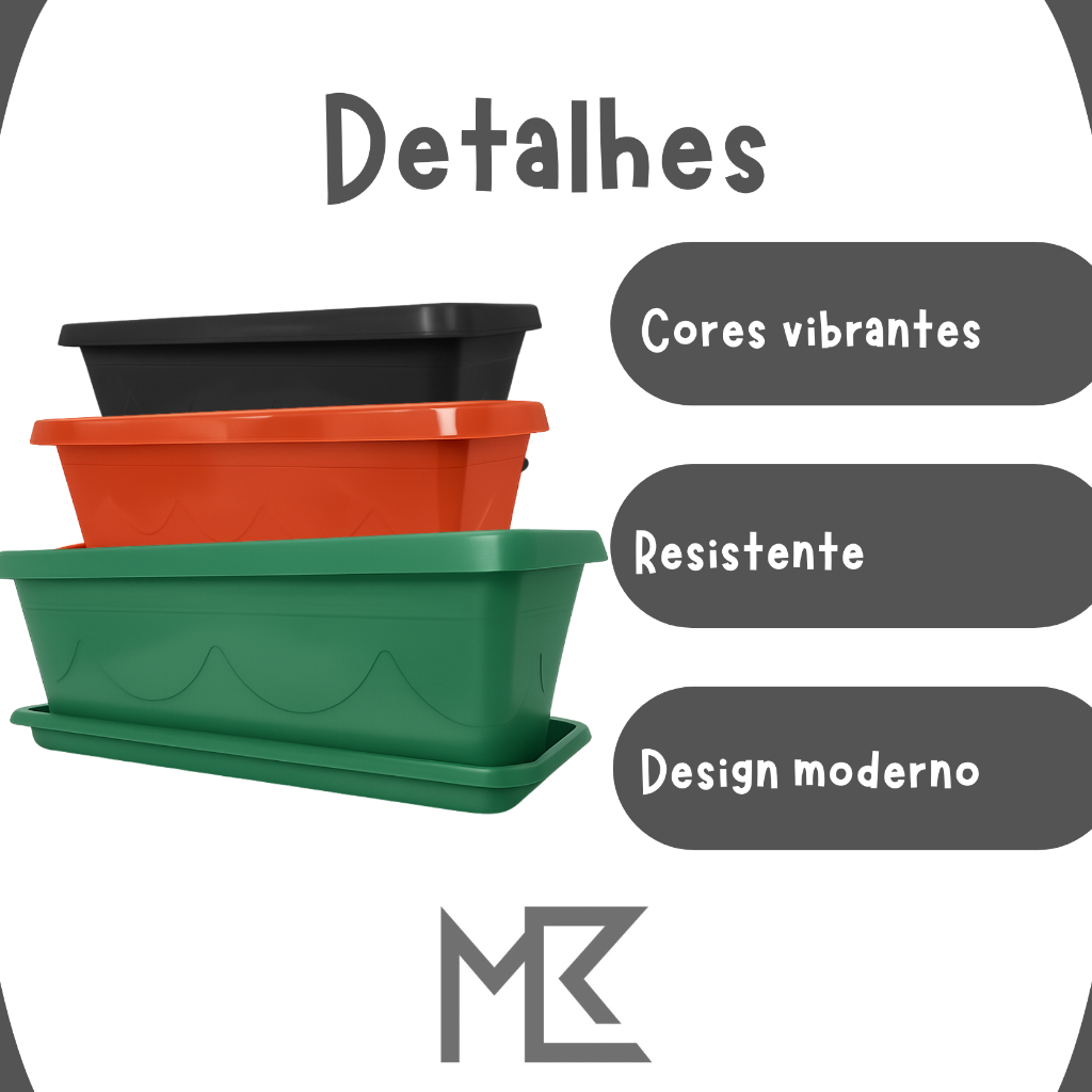 Detalhes do Floreira/Vaso 19L 60cm Prato Grande Horta/Jardim Retangular Plástico Preto/Verde/Terracota
