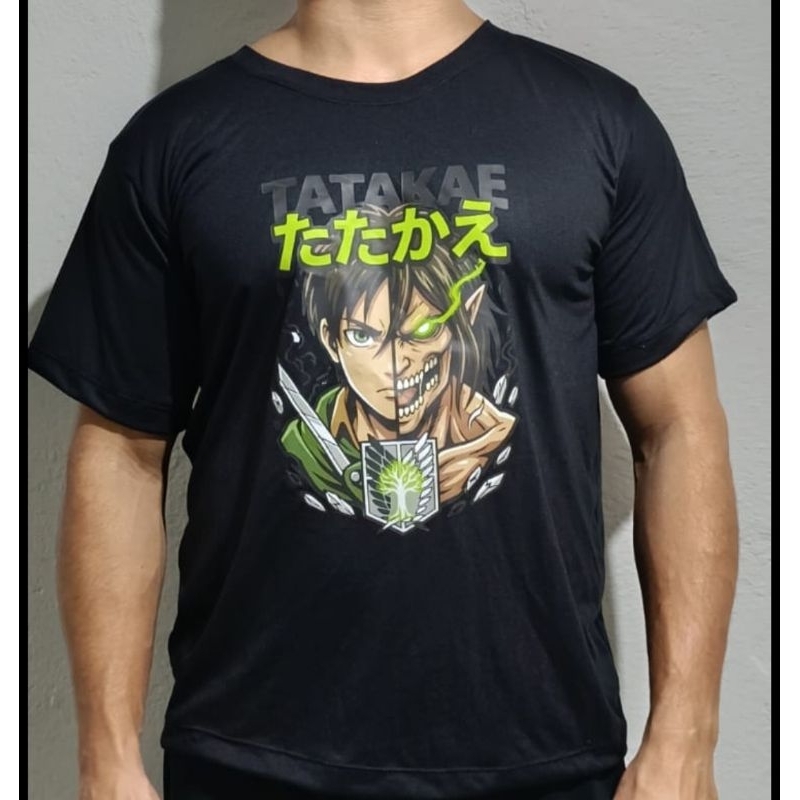 Camiseta Anime Attack On Titan Eren Jaeger Tatakae Camisa Malha PV Fria Não Amassa Masculina Feminina Casual