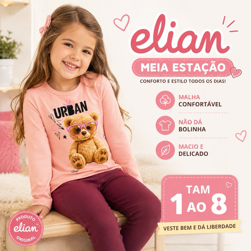 Conjunto Meia Estação Infantil Feminino Elian Menina Roupa Infantil Inverno Leve Confortável Tam 1 ao 8 manga longa