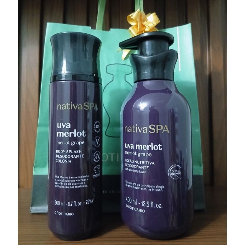 kit Combo 01 Hidratante Corporal Uva Mertot 400ml 01 Body Splash Uva Mertot 200ml Nativa SPA O Boticário Vegano.