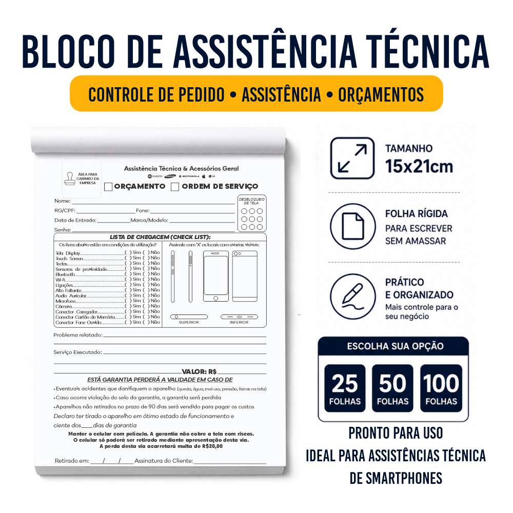 Bloco Ordem de Serviço Assistência Técnica Celular Smartphone