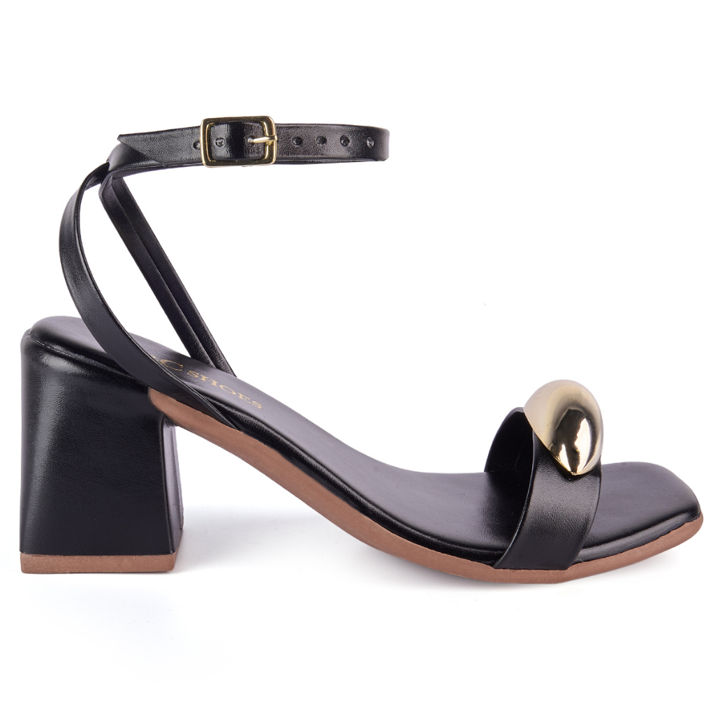 Sandália Feminina Enfeite Dourado Salto Bloco Baixo Médio Moda Verão Dia Dia Casual Confortável