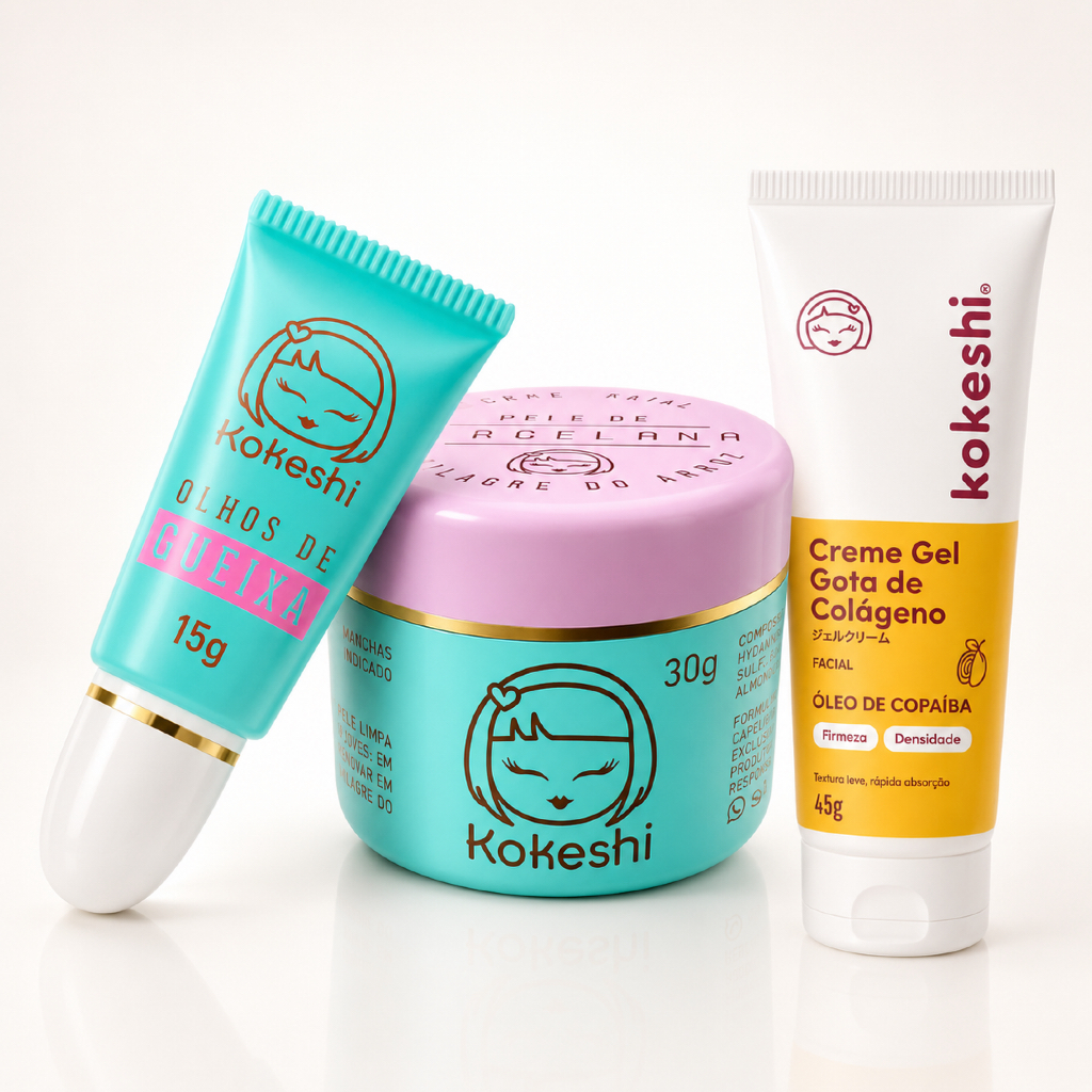 Kit Facial KOKESHI Completo 3 Passos Hidratação e Colágeno