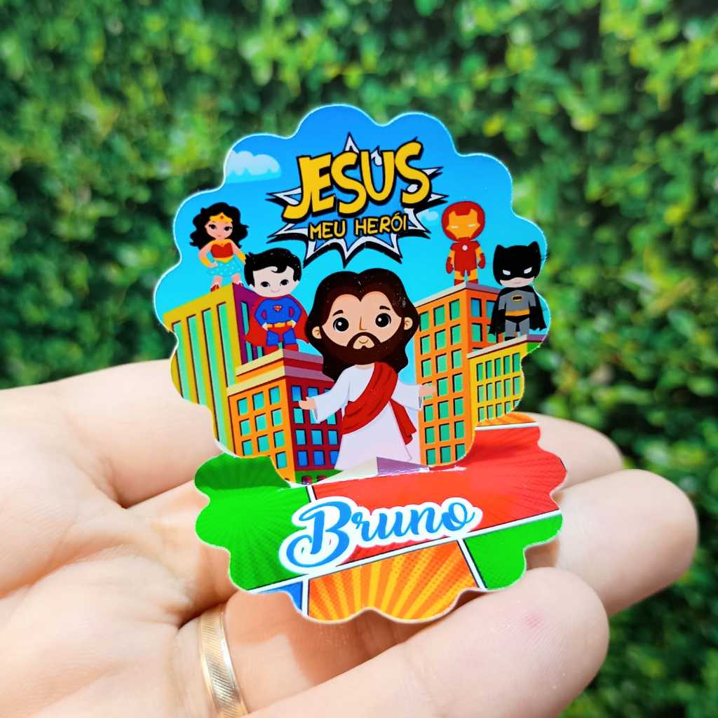 Aplique Personalizado com Nome Lembrancinha tema Jesus é Meu Heroi para Caixinha Acrilica 5x5 ou Latinha