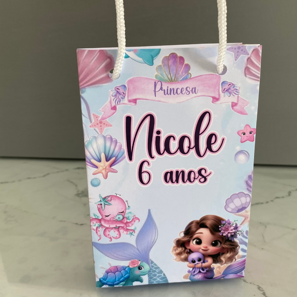 Kit Sacolinha 10|15|20 Personalizada Sereia Lilas Festa 10x15cm | Lembrancinha, Embalagem, Kit Presente com Alça