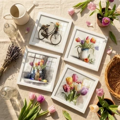 Kit 4 Quadros Flores Tulipas Aquarela Rústico 18x18 Vintage Sala Cozinha Quarto Moldura Vidro Pixer