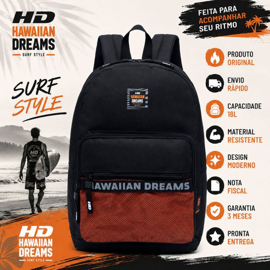 Mochila HD Hawaiian Dreams Original 18L Casual Resistente Leve Escola Faculdade Trabalho