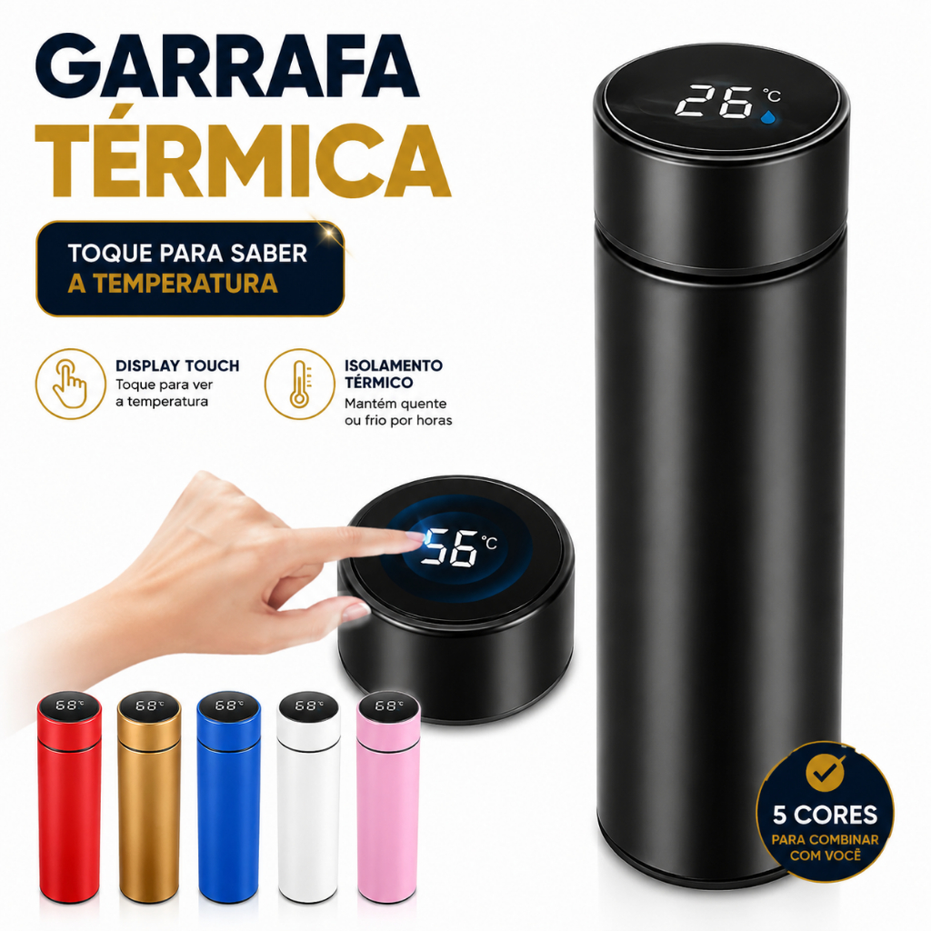 Garrafa Térmica 400ml Yimarket Aço Inox com Termômetro Digital LED Quente e Frio Portátil